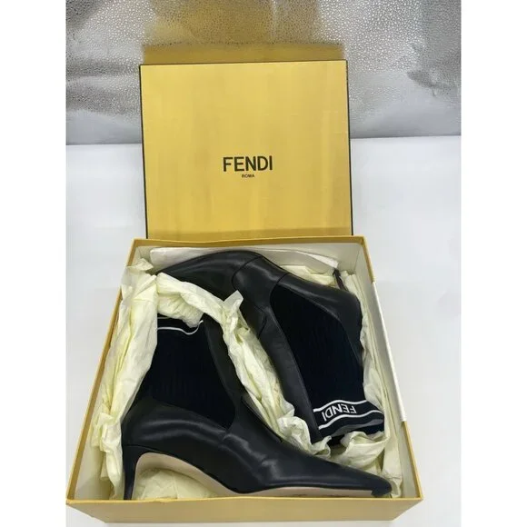 Fendi Rockoko Black Leather Boots Stretch FF Logo Sock Ankle Kitten Heel EU 40 - Picture 3 of 7